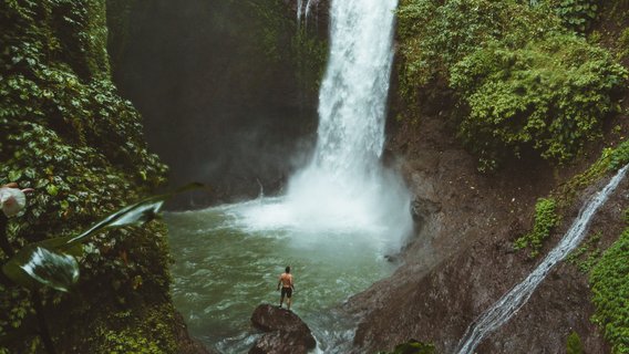Mann vor Wasserfall im Dschungel