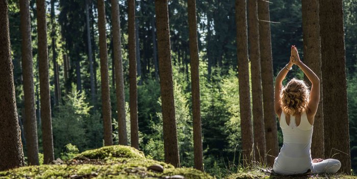 Eine Frau praktiziert Yoga im Wald