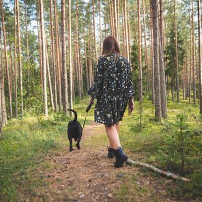 Eine Frau geht mit ihrem Hund in einem Wald spazieren