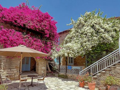 Unter blühenden Bäumen sitzen im Cyprus Villages