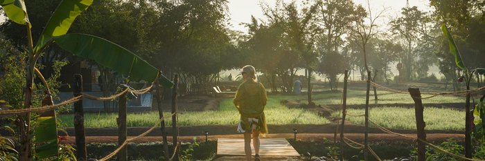 Eine Frau streift durch einen Garten