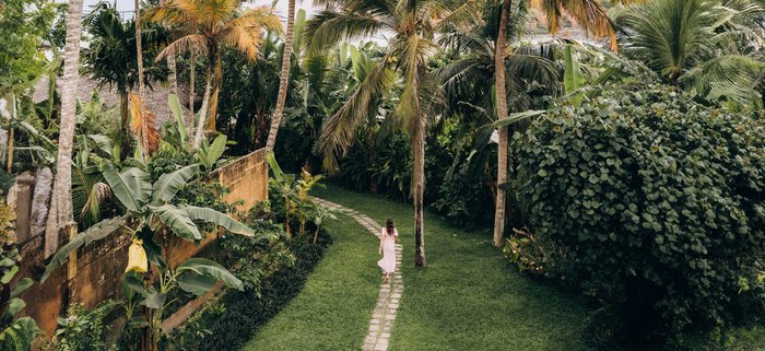 Ein Frau läuft auf einem schmalen Pfad durch eine grüne Anlage