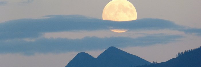 Ein heller Vollmond bei dunklem Himmel in der Dämmerung