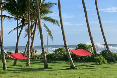 In einer Hängematte der Brandung des Meeres lauschen