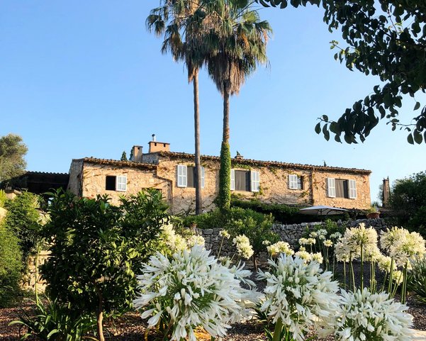 Yoga Finca Son Mola Vell mit weißen Blumen im Vordergrund