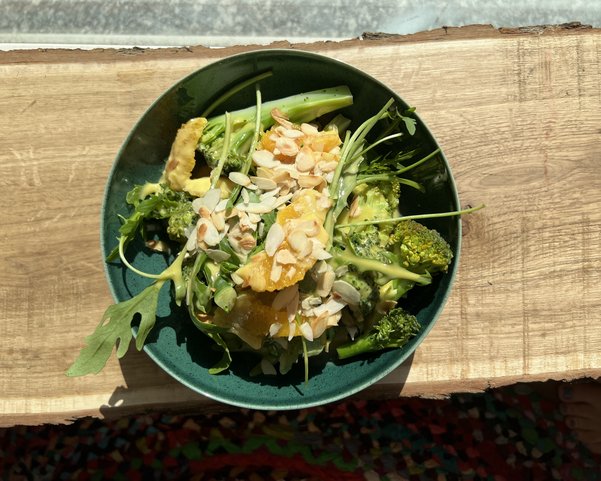 Schüssel mit ayurvedischem Essen aus Brokkoli, Salat und Orangen