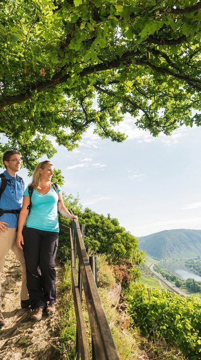 Wanderer bestaunen Blick über die Weinhänge nahe Kobern-Gondorf