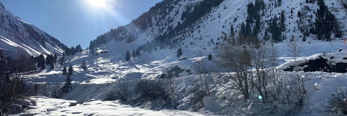 Strahlender Sonnenschein und glitzernder Schnee 