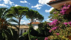 yoga-reisen-italien-marken-villa-garulli-montelupone-garten Der lila leuchtende Bougainvill begrüßt Sie beim Eintritt in die Villa Garulli