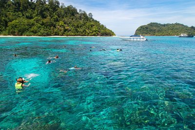 Schnorcheln in den tiefblauen Gewässern der Meeres Buchten von Thailand