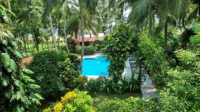 Blick auf den weitreichenden Garten und Pool