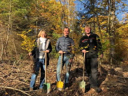 Sabine Krömer-Butz von der Schutzgemeinde Deutscher Wald, NEUE WEGE Geschäftsführer Johannes Reißland und der Stadtförster Sebastian Tölle 