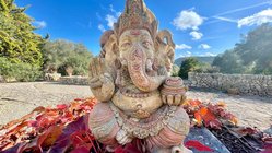 reisen-spanien-mallorca-finca-son-mola-well-ganesha Der Ganesha thront im Garten der Finca Son Mola Vell