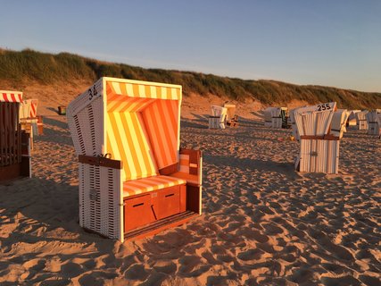 Die Strandkörbe im goldenen Abendlicht. 