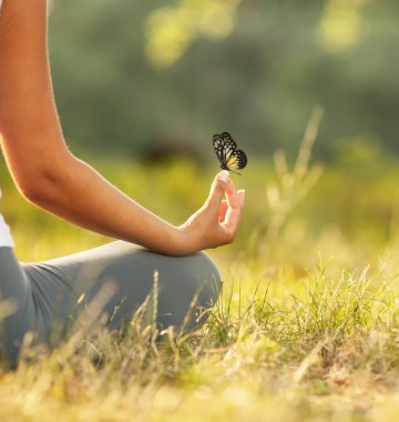 Yoga Meditation Sukhasana Schneidersitz Lotussitz Schmetterling Frau Wiese meditieren Gras